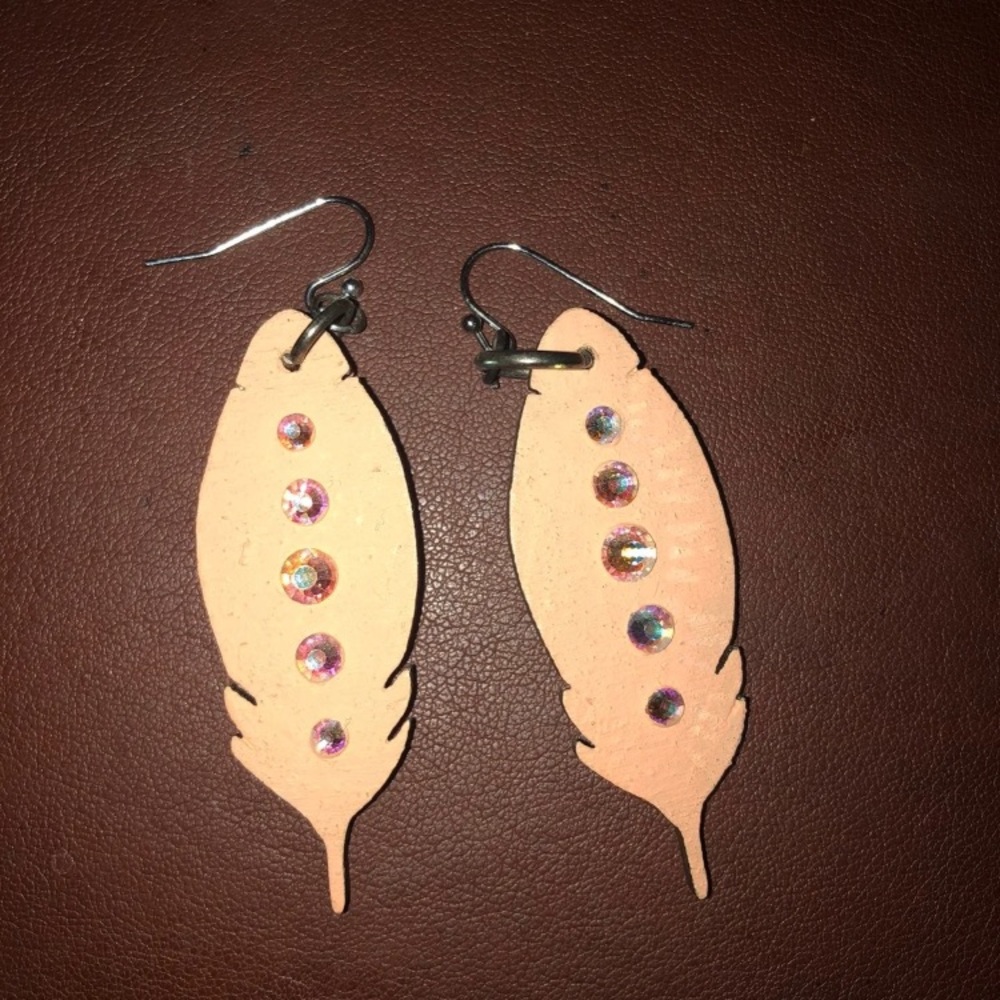 Coral Peach Feather Rhinestone Earrings